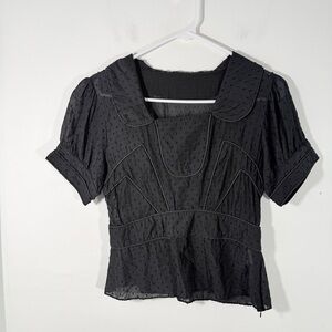 Tsumori Chisato Black Swiss Dot 100% Silk Peter Pan Collar Twee Blouse Size 6